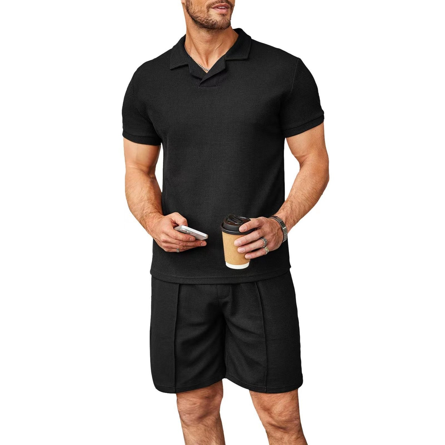 Men’s 2pcs Set,V Neck Polo Shirt with Shorts