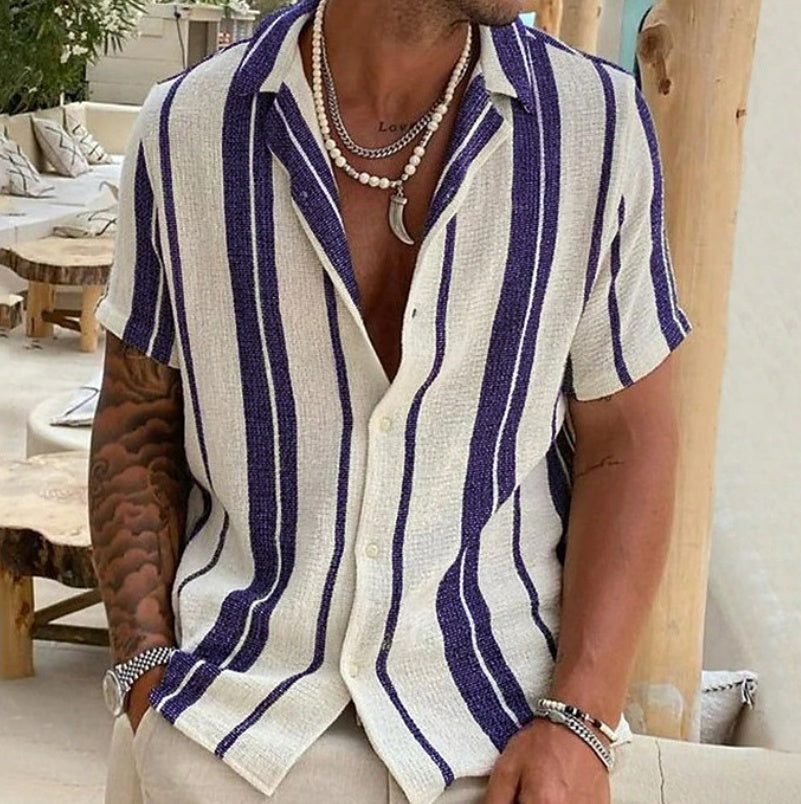 Men's Striped Cardigan Lapel Short Sleeve Shirt