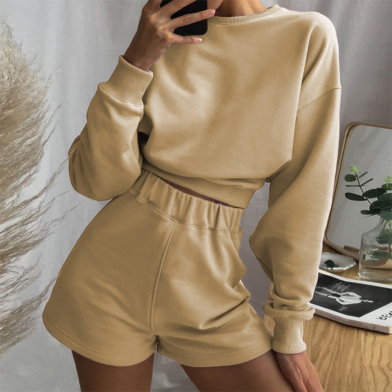 Women’s Long Sleeve Short Waist Pullover with High Waist Shorts