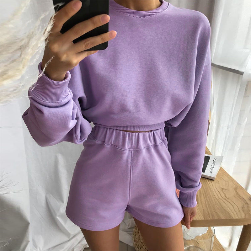 Women’s Long Sleeve Short Waist Pullover with High Waist Shorts