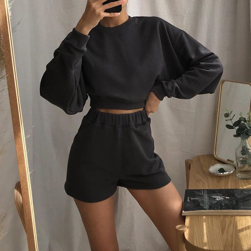 Women’s Long Sleeve Short Waist Pullover with High Waist Shorts