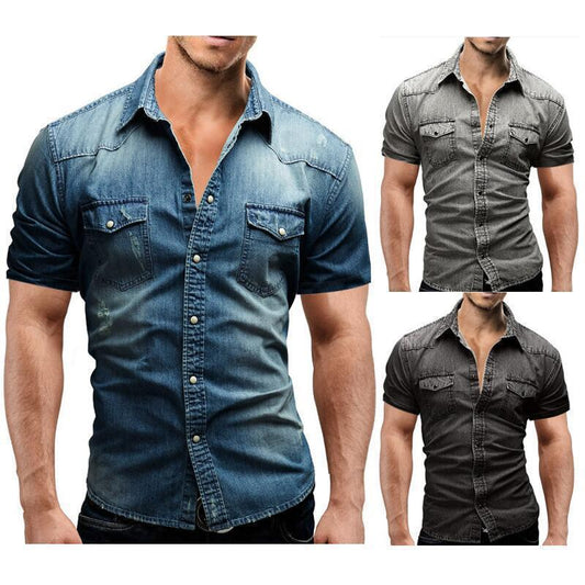 Men Denim Short-sleeved Slim Shirt