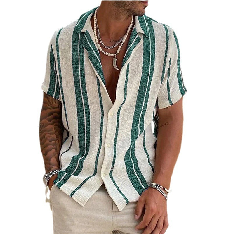 Men's Striped Cardigan Lapel Short Sleeve Shirt