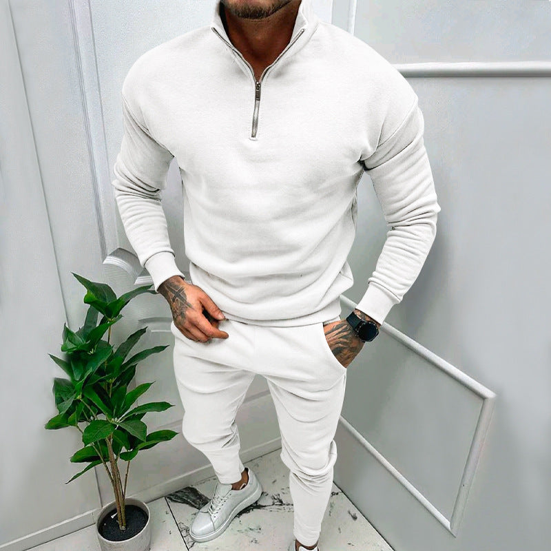 Casual Men’s Fleece-lined Solid Color Top And Pants Suit