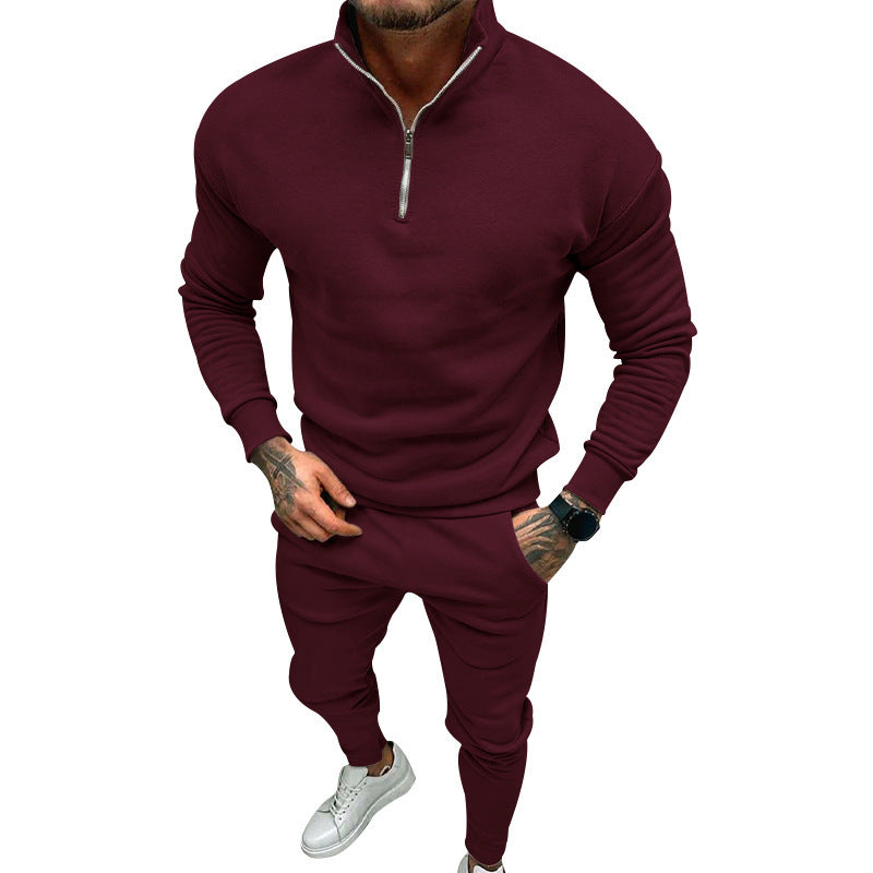 Casual Men’s Fleece-lined Solid Color Top And Pants Suit