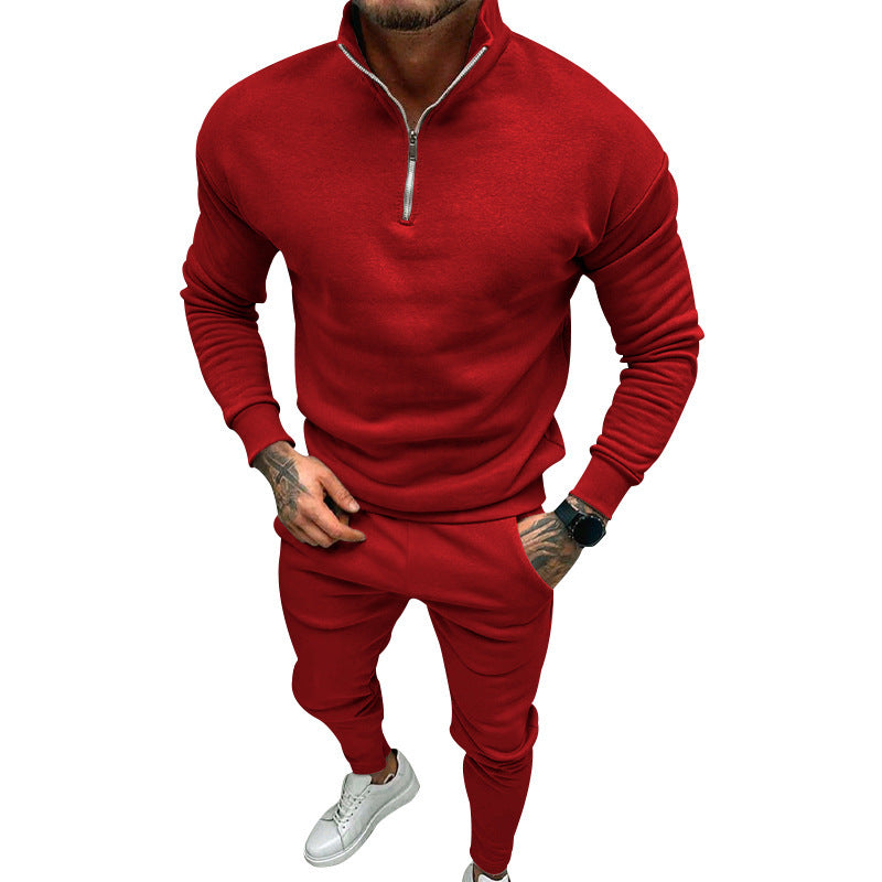 Casual Men’s Fleece-lined Solid Color Top And Pants Suit