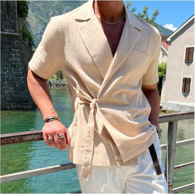 Men's Solid Color Cotton And Linen Suit Lapel Tied Short Sleeve Shirt