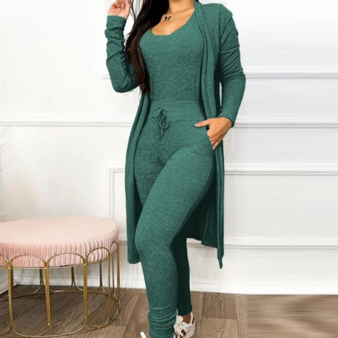 Jumpsuit, High Waist, Drawstrings, Pockets and Long Cardigan set