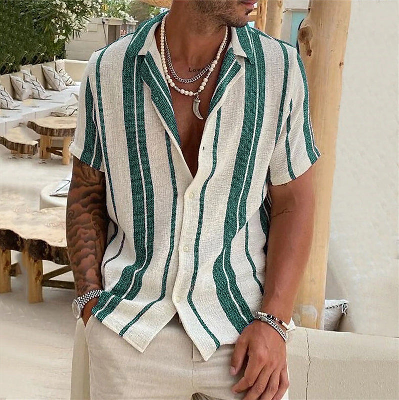 Men's Striped Cardigan Lapel Short Sleeve Shirt