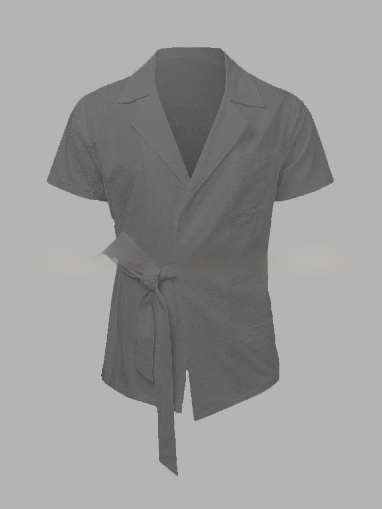 Men's Solid Color Cotton And Linen Suit Lapel Tied Short Sleeve Shirt