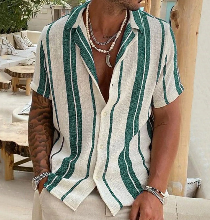 Men's Striped Cardigan Lapel Short Sleeve Shirt