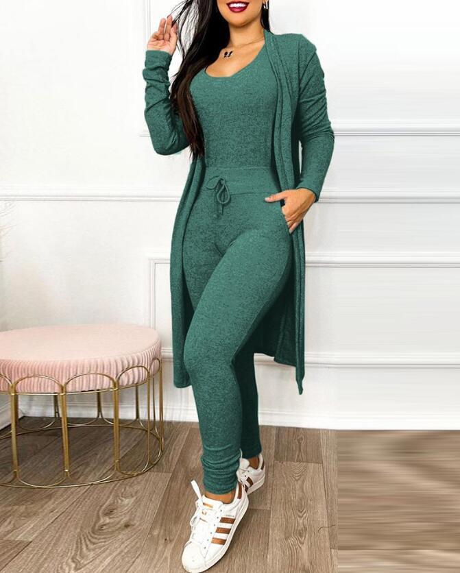 Jumpsuit, High Waist, Drawstrings, Pockets and Long Cardigan set