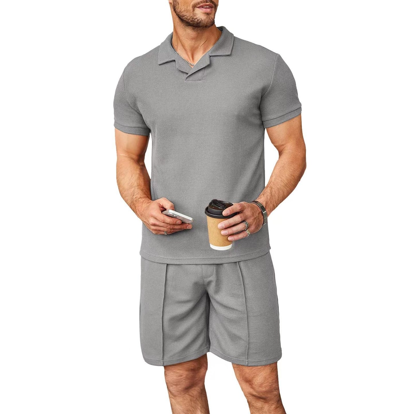 Men’s 2pcs Set,V Neck Polo Shirt with Shorts