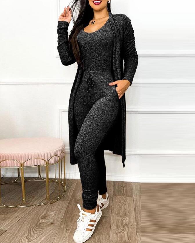 Jumpsuit, High Waist, Drawstrings, Pockets and Long Cardigan set