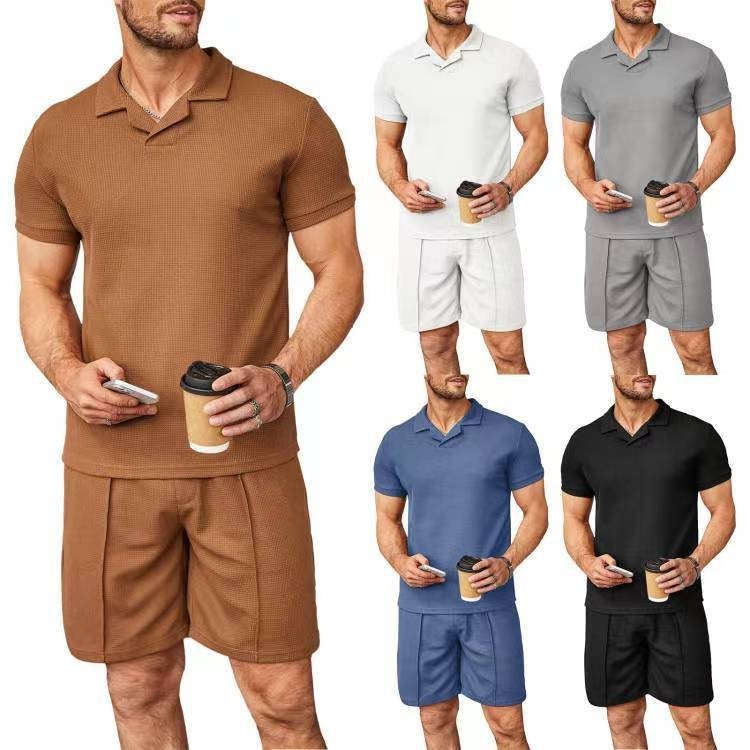 Men’s 2pcs Set,V Neck Polo Shirt with Shorts