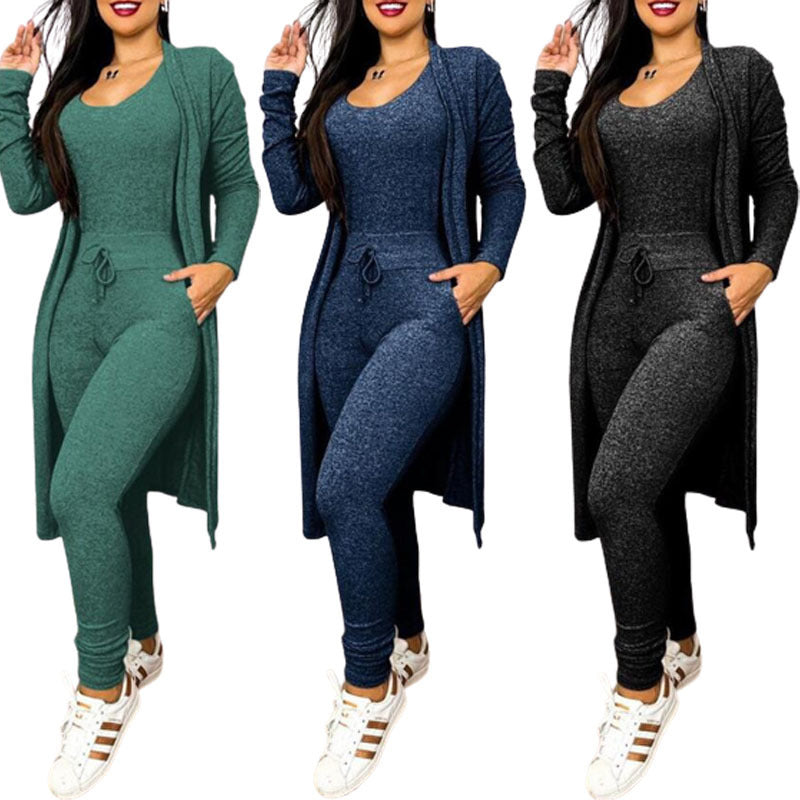 Jumpsuit, High Waist, Drawstrings, Pockets and Long Cardigan set