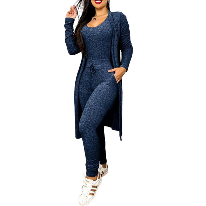 Jumpsuit, High Waist, Drawstrings, Pockets and Long Cardigan set