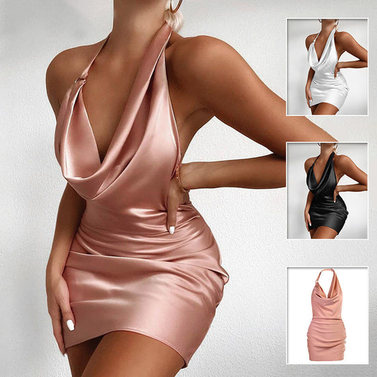 Satin Dress with V Neck and Backless