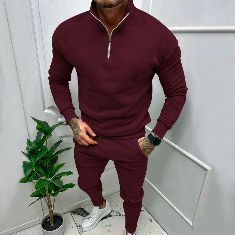 Casual Men’s Fleece-lined Solid Color Top And Pants Suit