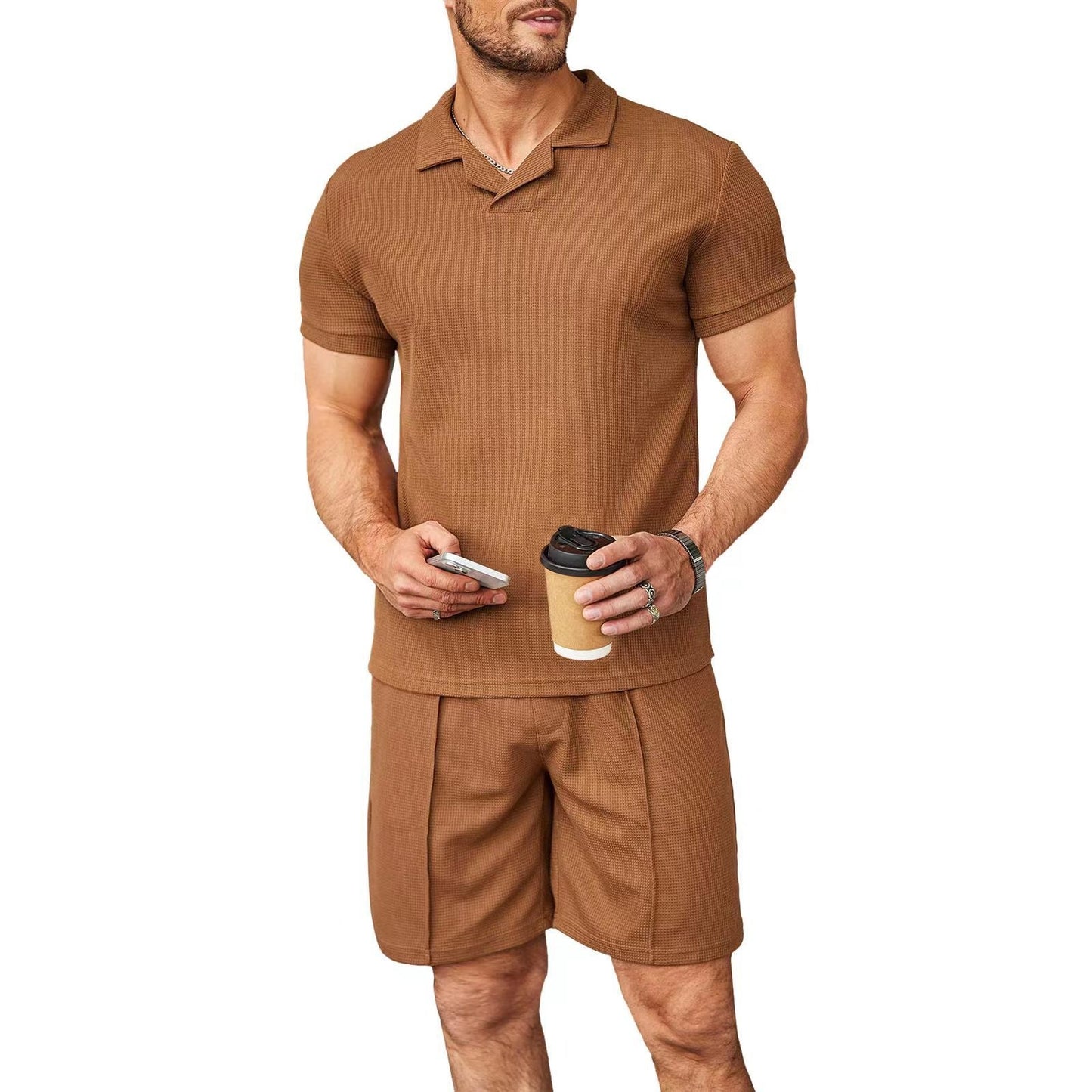 Men’s 2pcs Set,V Neck Polo Shirt with Shorts