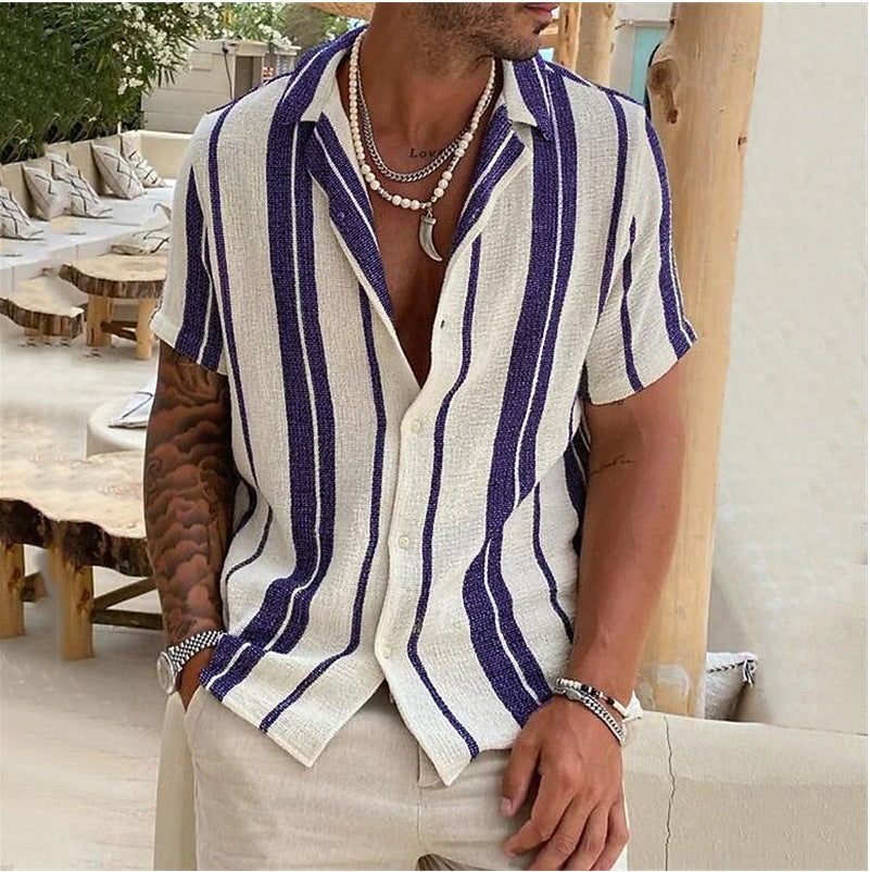 Men's Striped Cardigan Lapel Short Sleeve Shirt