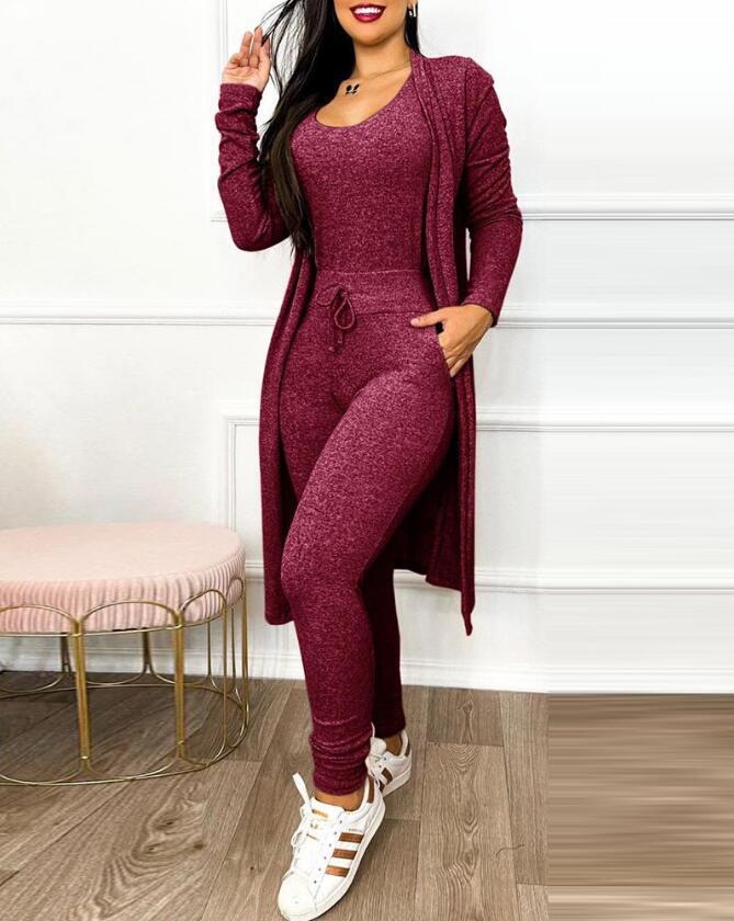 Jumpsuit, High Waist, Drawstrings, Pockets and Long Cardigan set