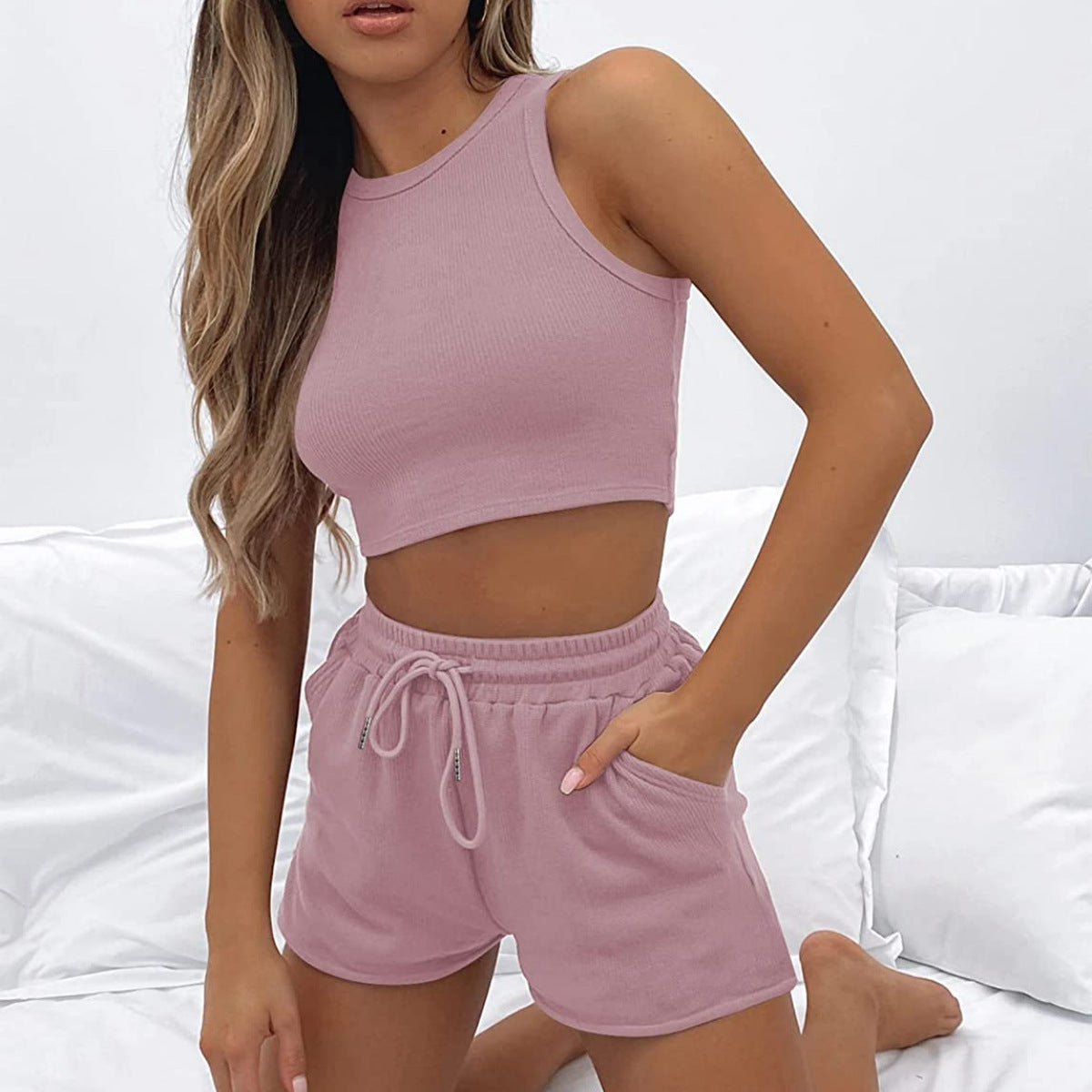 Sleeveless Top Waffle Suit With Solid Color And Fashion Casual Shorts