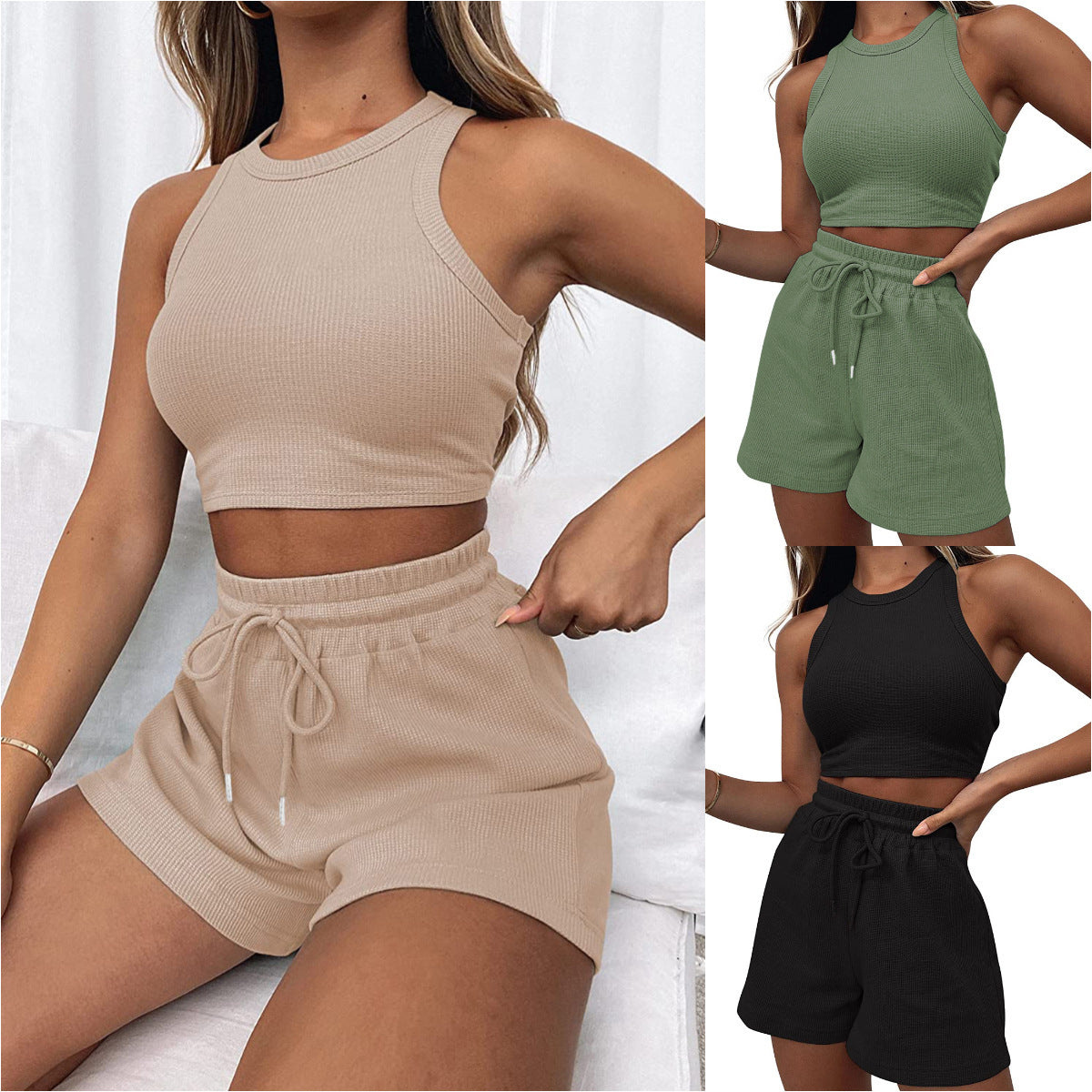 Sleeveless Top Waffle Suit With Solid Color And Fashion Casual Shorts