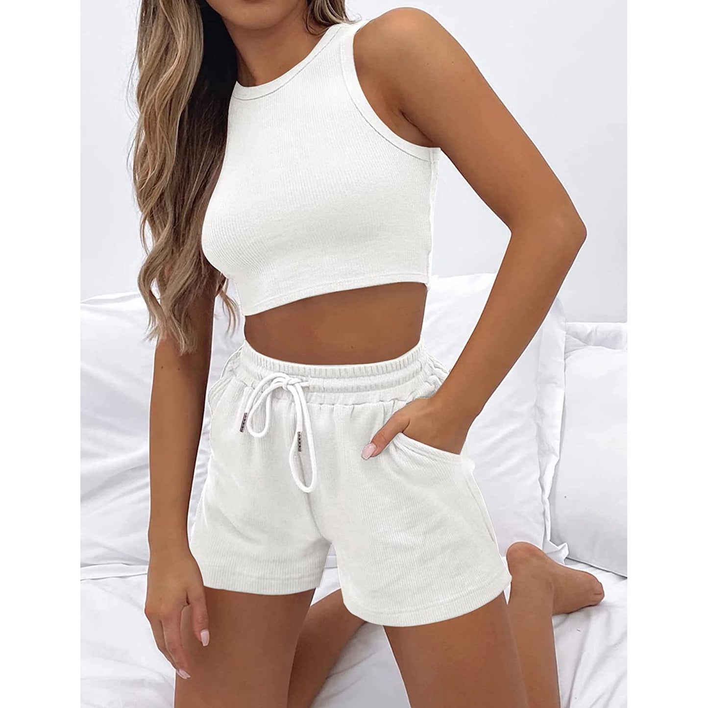 Sleeveless Top Waffle Suit With Solid Color And Fashion Casual Shorts