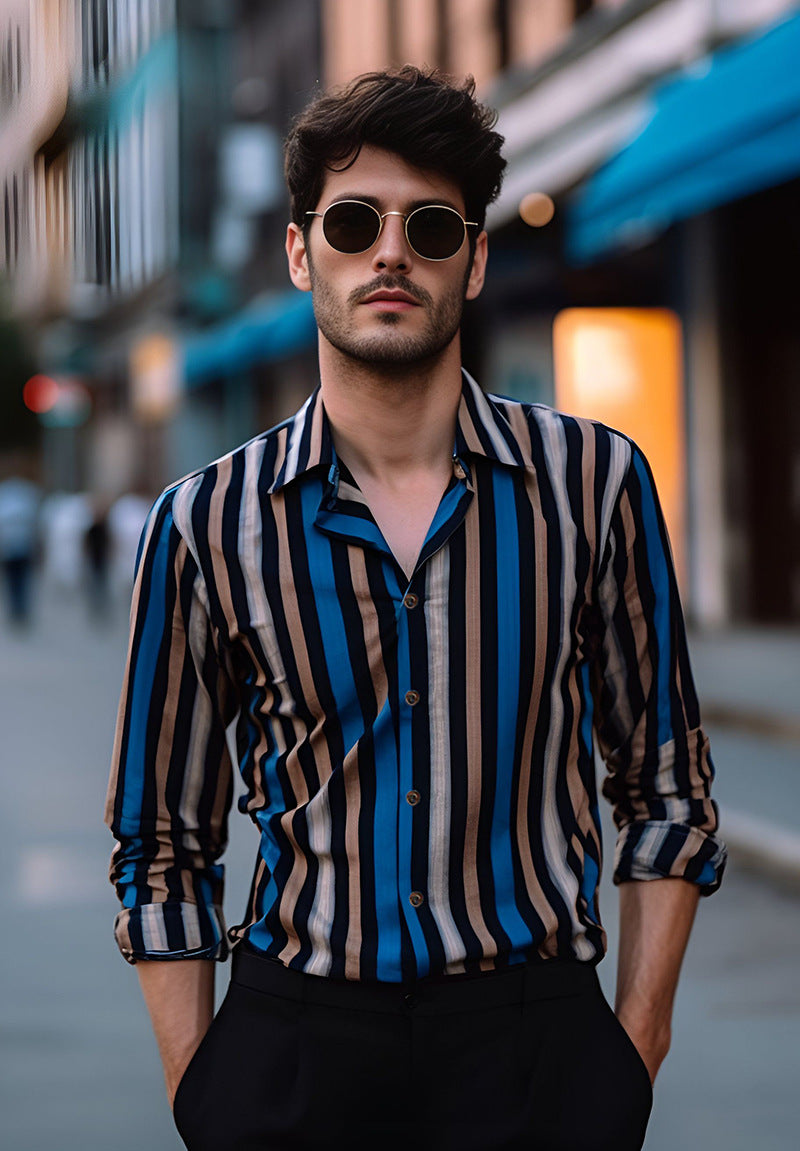 Men's Long Sleeve Striped Printed Shirt