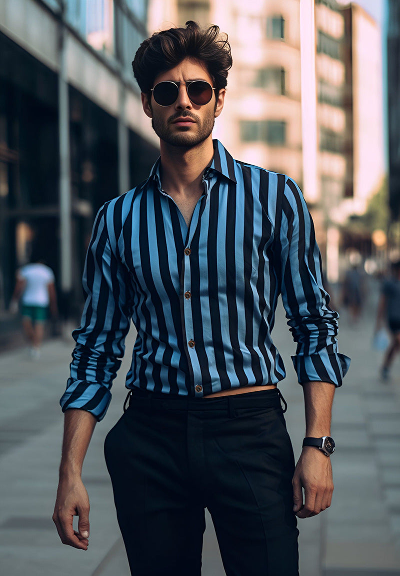 Men's Long Sleeve Striped Printed Shirt