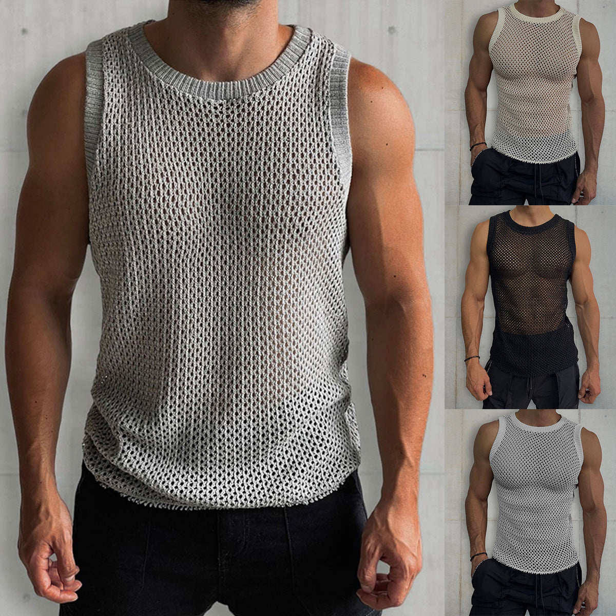 Men’s Round Neck Sleeveless Hollow Knitted Vest