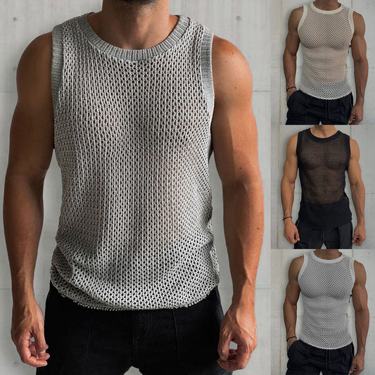 Men’s Round Neck Sleeveless Hollow Knitted Vest