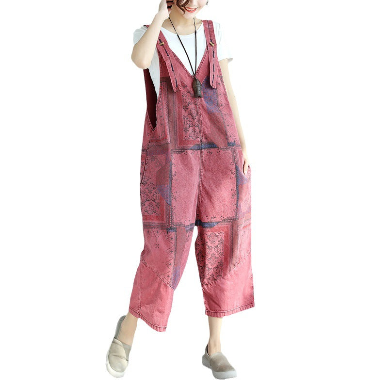 Denim Printed Worn Looking Washed-out Big Crotch, Jumpsuit