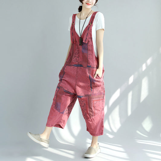 Denim Printed Worn Looking Washed-out Big Crotch, Jumpsuit