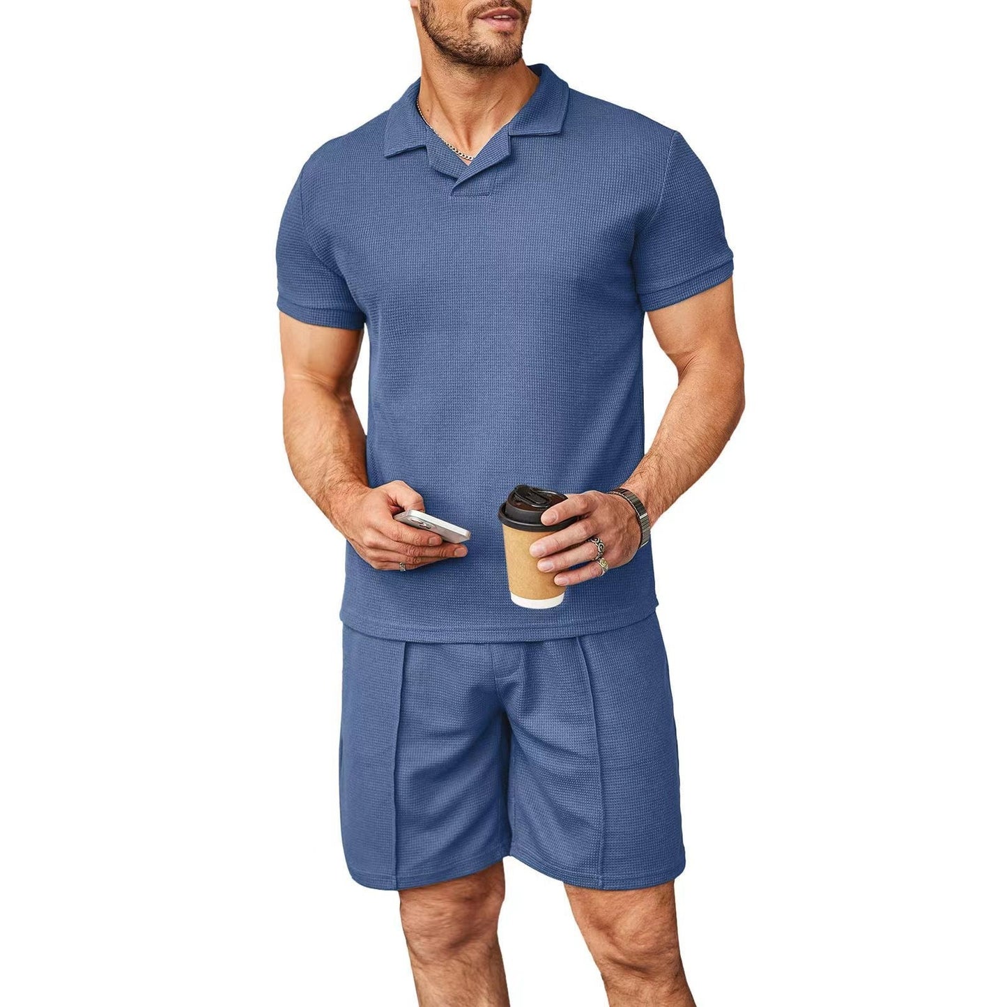 Men’s 2pcs Set,V Neck Polo Shirt with Shorts