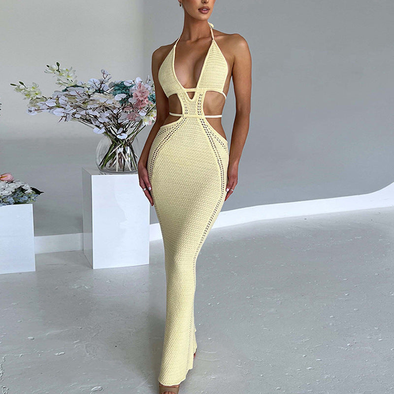 Sexy Backless Long Dress V-neck with Hollow Splicing Package Hip Skirt