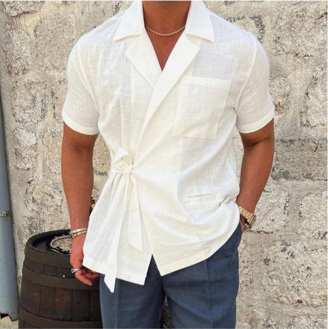 Men's Solid Color Cotton And Linen Suit Lapel Tied Short Sleeve Shirt