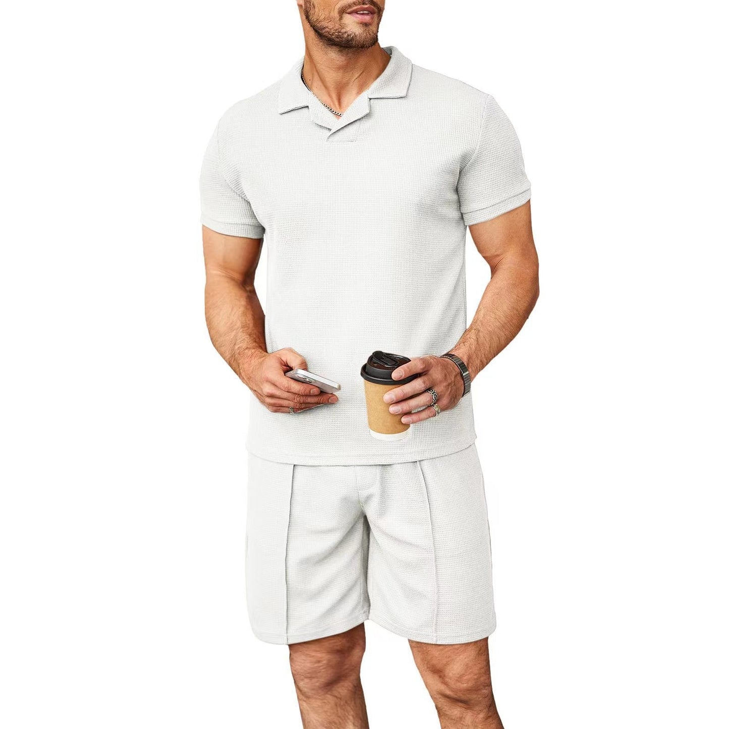 Men’s 2pcs Set,V Neck Polo Shirt with Shorts