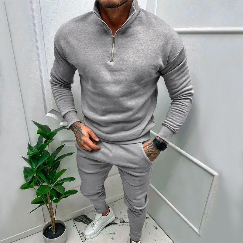 Casual Men’s Fleece-lined Solid Color Top And Pants Suit