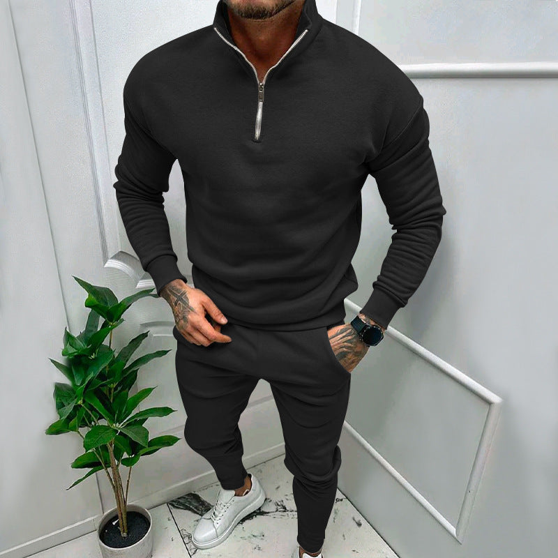 Casual Men’s Fleece-lined Solid Color Top And Pants Suit