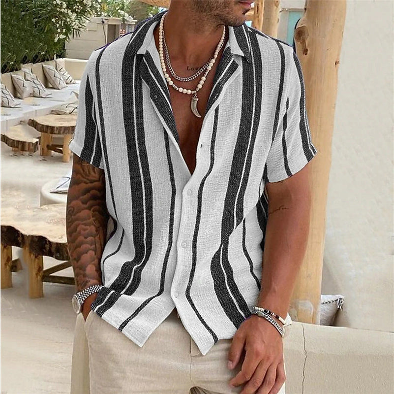 Men's Striped Cardigan Lapel Short Sleeve Shirt