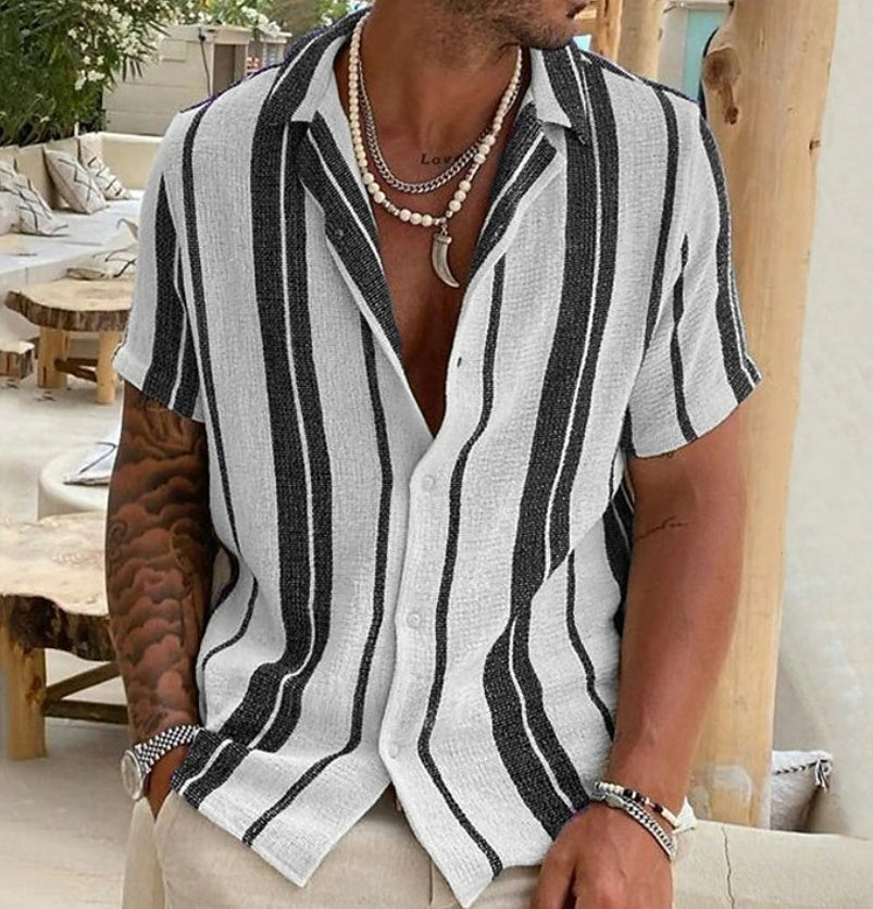 Men's Striped Cardigan Lapel Short Sleeve Shirt