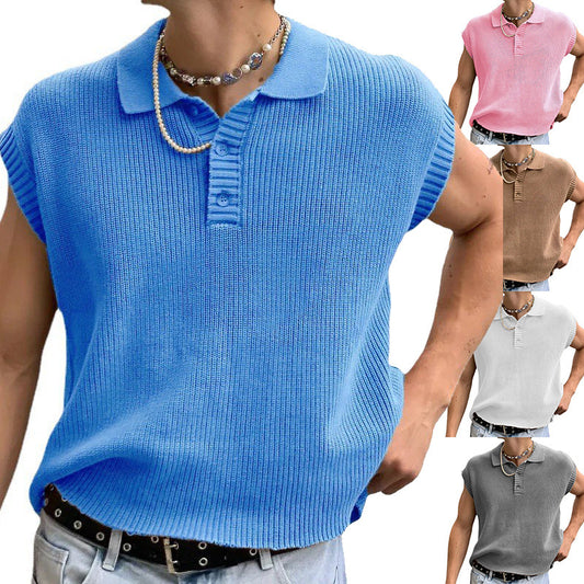 Men's Solid Color Polo Shirt Lapel Short Sleeve Solid Color Sweater-look