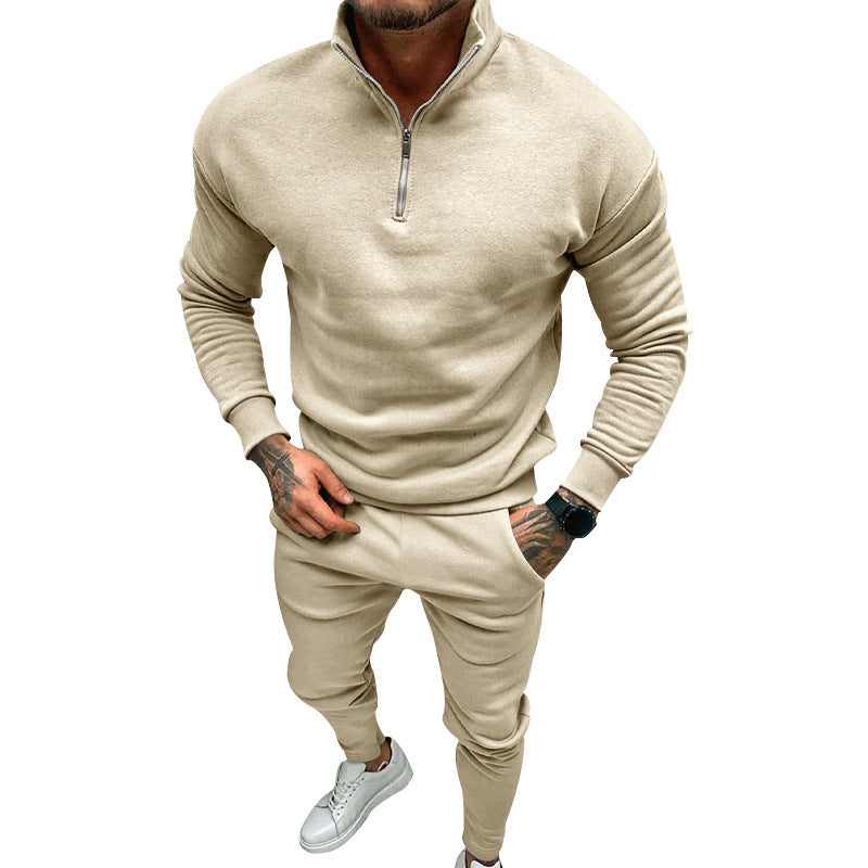 Casual Men’s Fleece-lined Solid Color Top And Pants Suit