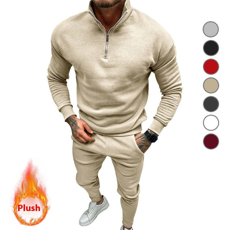 Casual Men’s Fleece-lined Solid Color Top And Pants Suit