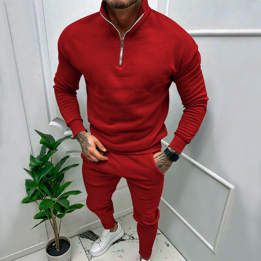 Casual Men’s Fleece-lined Solid Color Top And Pants Suit